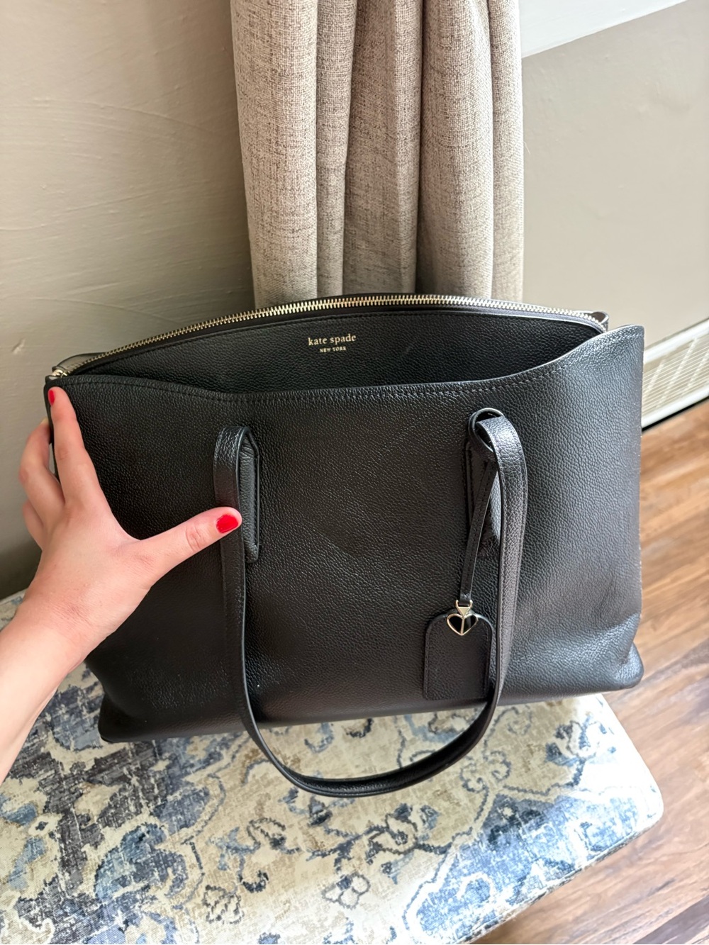 kate spade Black Pebbled Leather Tote with Heart Tag
